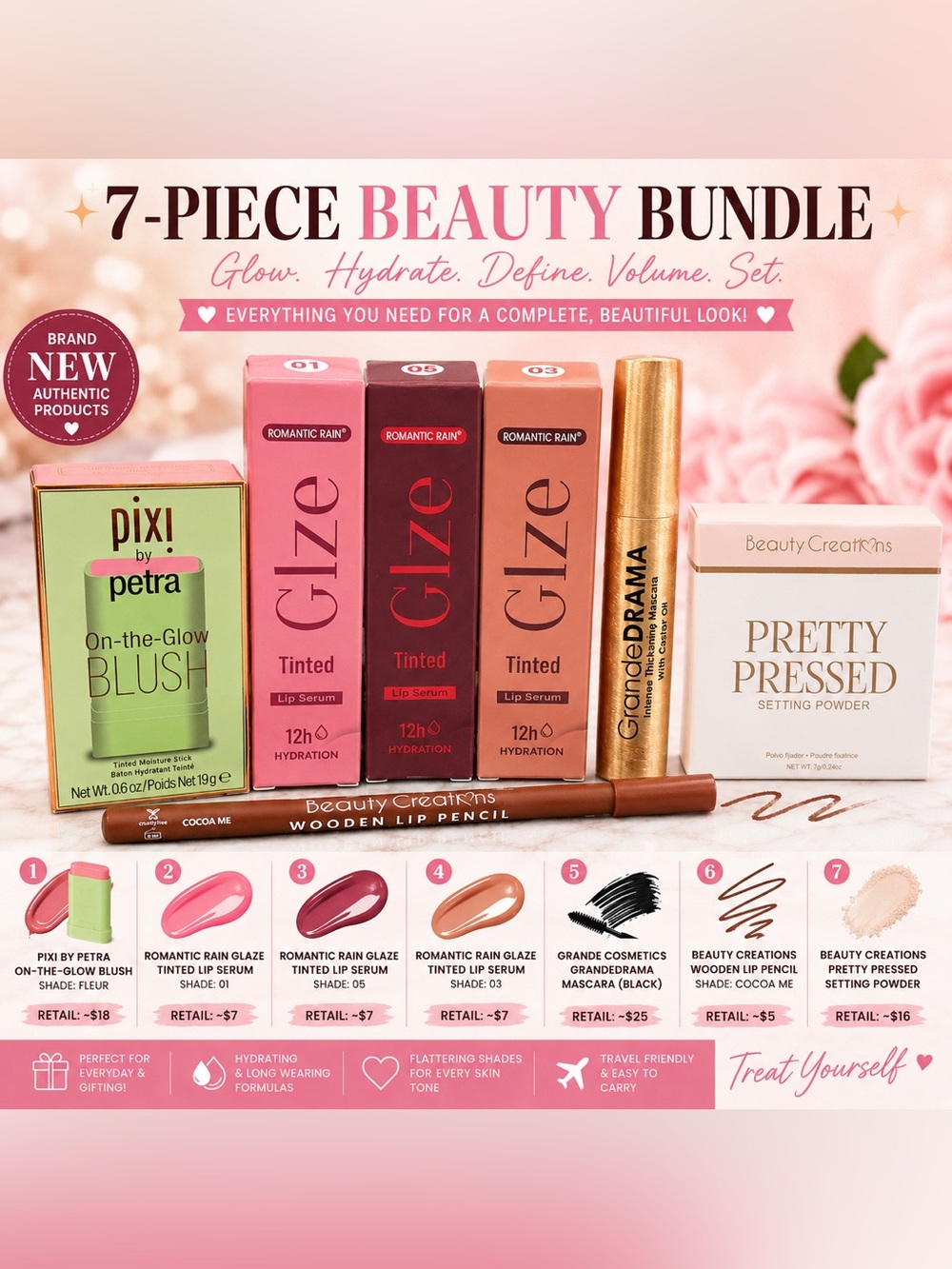 Assorted 7pc Beauty Set: Pixi On-the-Glow Blush Fleur + 3 Lip Serums + Mascara
